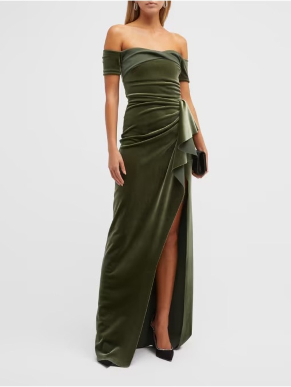 NWT Chiara Boni Mirla Off the Shoulder Velvet Formal Gown Juniper Green sz 10